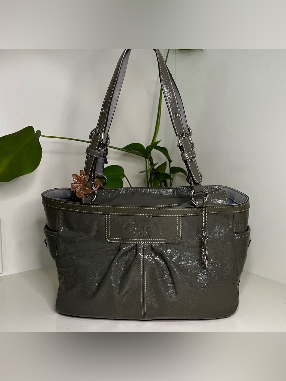 Coach Olive Patent Leather Shoulder Bag with Charm